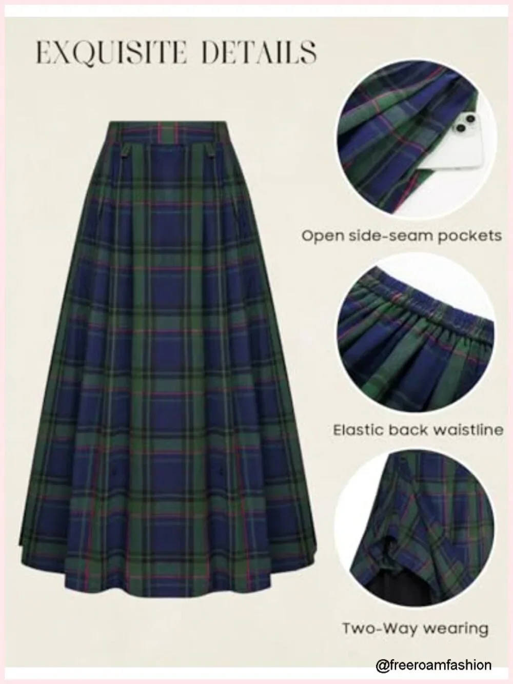 High Waist A-Line Plaid Maxi Skirt with Pockets, Two Ways Wear, Cotton Blend,
